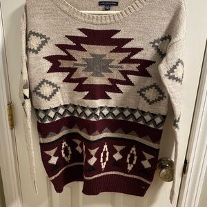 American Eagle Outfitters Beige and Burgundy Patterned Sweater